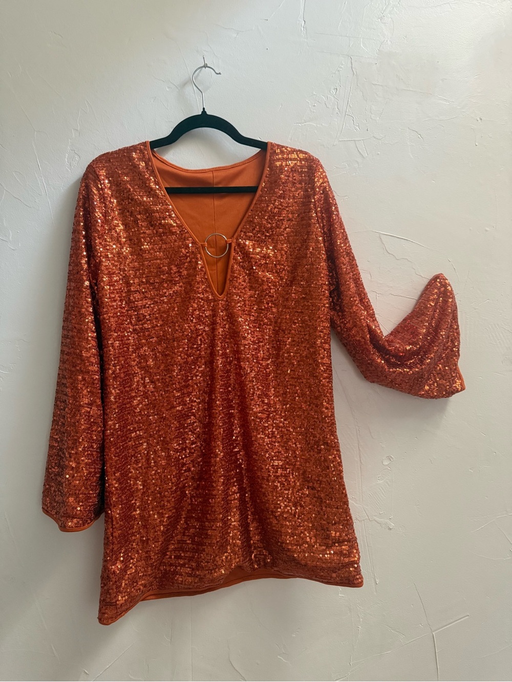 Sequin V-Neck Tunic Dress - Copper Orange